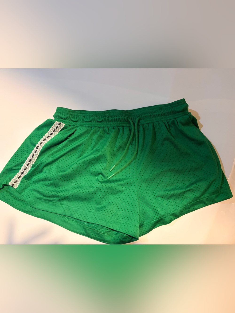 BDG Green Athletic Mesh Shorts with Lace Trim
